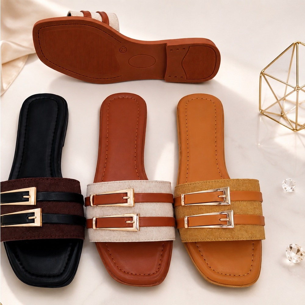 Women’s Triple-Buckle Slide Sandals - Black, Ivory, Tan